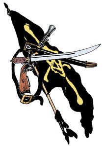 Czaszka ozdobiona pawilonem piratów, szable Ilustracja z „Księgi piratów chłopca” George