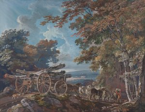 Drewniany wóz na wyboistej drodze (jeden z pary) autorstwa George Barret