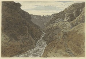 Dolina rzeki i górska droga prowadząca do dwóch domów autorstwa George Barret jr. (possibly)