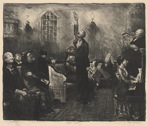 Spotkanie modlitewne, „Pierwszy kamień” autorstwa George Bellows