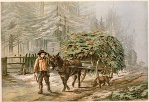 Chłopiec prowadzący osła i wózek, wiktoriańska kartka bożonarodzeniowa chromolitho autorstwa George C. Leighton
