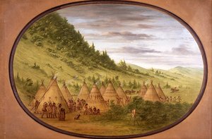 Wioska Odżibwejów z namiotami ze skór autorstwa George Catlin