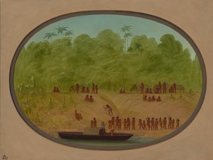 Wioska Omagua - szkic łodzi, 18541869. autorstwa George Catlin