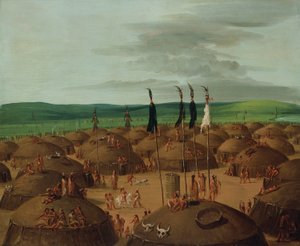 Widok wioski Mandan z lotu ptaka, 1800 mil nad St. Louis autorstwa George Catlin