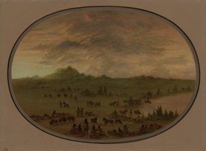 Biwak na imprezie wojennej Siuksów o wschodzie słońca, 18611869. autorstwa George Catlin