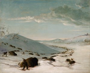 Buffalo Chase w zimie, Indianie na rakietach śnieżnych autorstwa George Catlin