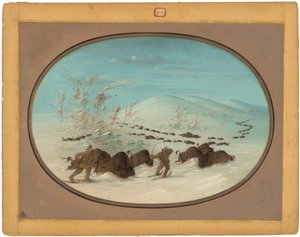 Pościg bawołów w zaspach śnieżnych - Ojibbeway autorstwa George Catlin