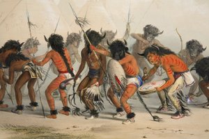 Detal tańca Buffalo, wyd. 1845 kolorowa litografia. autorstwa George Catlin