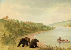 Catlin i jego ludzie w kajaku, pilnie proszeni o zejście na ląd, Upper Missouri autorstwa George Catlin