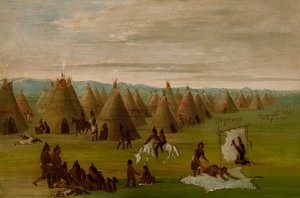 Wioska Komanczów, Kobiety ubierające szaty i suszące mięso, 1834-1835. autorstwa George Catlin