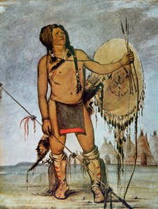 Wojownik Komanczów z tarczą, lancą, łukiem i strzałami, ok. 1835 (litografia barwna) autorstwa George Catlin