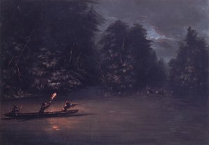 Polowanie na jelenie przez Torchlight w Bark Canoes, 1846-1848. autorstwa George Catlin