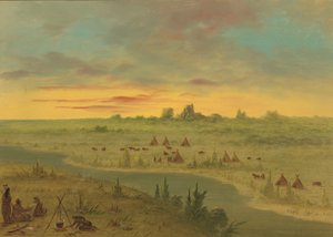 Obozowisko Indian Pawnee o zachodzie słońca, 18611869. autorstwa George Catlin
