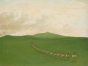 Pieszy oddział wojenny w marszu, Górne Missouri autorstwa George Catlin