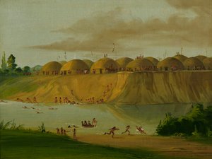 Wioska Hidatsa, loże pokryte ziemią, nad rzeką Knife, 1810 mil nad St. Louis, 1832. autorstwa George Catlin