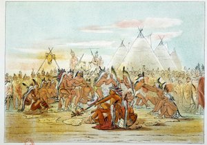 Indianie Ameryki: plemię Assiniboin przypominające taniec na rurze Siuksów. Ilustracja George