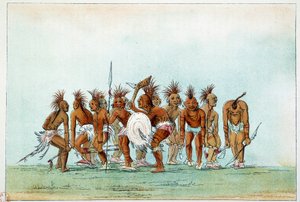 Indianie Ameryki: plemię Black Hawk tańczy taniec żebraka dla turystów. Ilustracja George