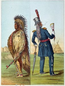 Indianie Ameryki: Indyjski weterynarz assiniboine w wojsku w kieszeniach dwie butelki whisky. Ilustracja George