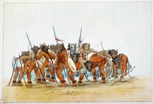 Indianie Ameryki: Spotkanie wojowników Mandans z trofeum w postaci głowy bawoła na głowie. Ilustracja George