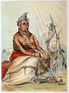 Indianie Ameryki: Portret starego indyjskiego kucharza palącego fajkę o nazwie The Black Mokasyna. Ilustracja George