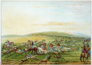 Indianie Ameryki: plemię Indian z końmi i psami. Ilustracja George