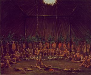 Widok wnętrza Medicine Lodge, ceremonia Mandan O-kee-pa autorstwa George Catlin