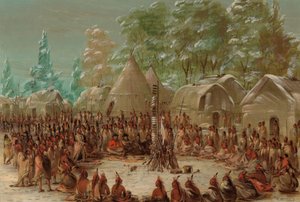 Impreza La Salle świętowana w wiosce Illinois. 2 stycznia 1680, 18471848. autorstwa George Catlin
