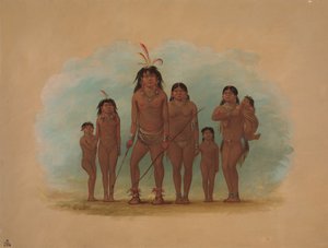 Wódz Lengua, jego dwie żony i czworo dzieci, 18541869. autorstwa George Catlin