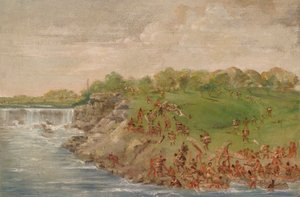 Ojibwa przemieszczający się wokół wodospadów St. Anthony autorstwa George Catlin