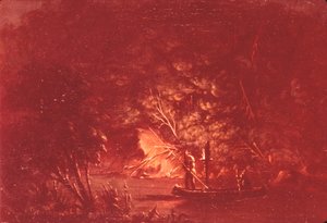 Ojibwe łowiący łososia przy świetle pochodni autorstwa George Catlin