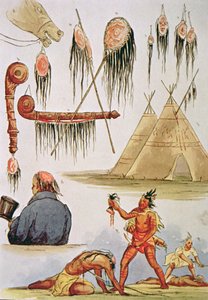 Skalpowanie i dekoracyjne zastosowanie skóry głowy (akwarela na papierze) autorstwa George Catlin