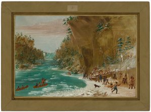 Wyprawa rozbiła obóz u podnóża wodospadu Niagara.  20 stycznia 1679 r. autorstwa George Catlin