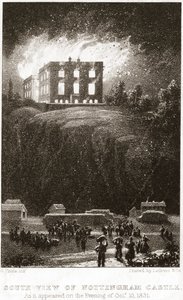 Zamek Nottingham w płomieniach, widok od południa, 1831 autorstwa George Childs