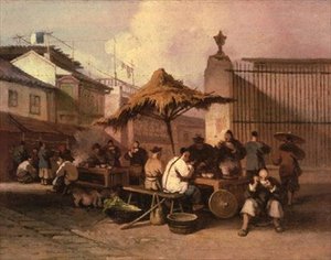Grupa Chińczyków jedzących przed kościołem San Domingo autorstwa George Chinnery