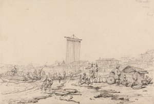 Brzegowa scena z rybakami i budynkami, Macao autorstwa George Chinnery