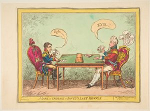 A Game of Cribbage lub Boneys Last Shuffle, 6 czerwca 1814. autorstwa George Cruikshank