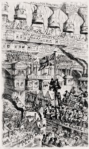 Maltuzjański pogląd na przeludniony Londyn w Anglii w przyszłości, po pismach Thomasa Malthusa autorstwa George Cruikshank