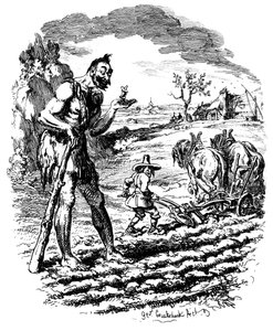 Olbrzym stoi na polu jako rolnik orki, XIX w. autorstwa George Cruikshank