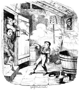 Mężczyzna strzela do młodego chłopca, którego podejrzewa o kradzież, XIX wiek. autorstwa George Cruikshank