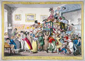- Rój angielskich pszczół uli w cesarskim powozie!! scena w Muzeum Londyńskim”, 1816 autorstwa George Cruikshank