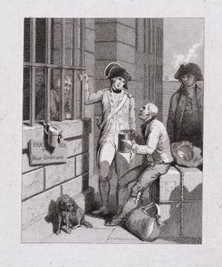 „Gwiżdżący sklep: Tom i Jerry odwiedzający Logic, na pokładzie Fleet”, Fleet Prison, Londyn, 1821 autorstwa George Cruikshank