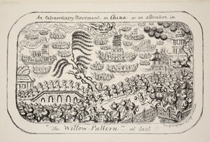 Nadzwyczajny ruch w Chinach – lub – wreszcie przeróbka „Wzór wierzby”!!, wyd. 1853 autorstwa George Cruikshank