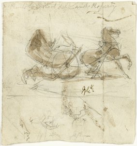 Karykatura samego siebie (recto); Kabina rzucona przez konia, z innymi szkicami (verso) autorstwa George Cruikshank