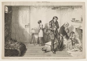 Zimno, nędza i niedostatek niszczą ich najmłodsze dziecko: Pocieszają się butelką. autorstwa George Cruikshank