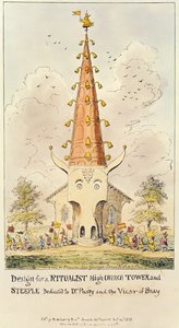Projekt wieży i wieży kościoła rytualnego, poświęcony dr Puseyowi i wikariuszowi Bray, 1868 (druk) autorstwa George Cruikshank