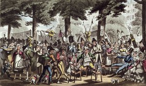 Dick Jenkins, Kapitan, Lady Halibut i Lydia w salonie na włoskim bulwarze, z książki „Życie w Paryżu” Davida Careya, opublikowanej w 1822 r. autorstwa George Cruikshank