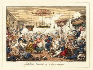Angielscy marynarze pijący i tańczący w pubie, epoka napoleońska, 1829 (litografia) autorstwa George Cruikshank