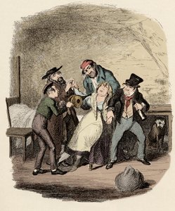 Fagin, Charley Bates, Kikes i Dawkins reanimant Nancy - Pan Fagin i jego uczeń ożywiający Nancy - Ilustracja do „” Oliver Twist”” (Oliver) (Przygody Olivera Twista) autorstwa Charlesa Dickensa (1812-1870), autorstwa George