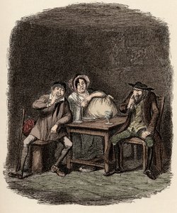 Fagin robi interesy z Morrisem Bolterem, znanym również jako Noe Claypole, i Charlotte – Żyd i Morris Bolter zaczynają się rozumieć – Ilustracja do „”Oliviera Twista””(Olivier) (Przygody Olivera Twista) autorstwa Charlesa Dickensa (1812-1870) ), autorstwa  autorstwa George Cruikshank