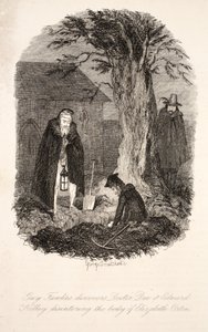Guy Fawkes odkrył, że doktor Dee i Edward Kelley ekshumują ciało Elizabeth Orton, ilustracja z Guy Fawkes, or the Gunpowder Treason: an Historical Romance, William Harrison Ainsworth, pu autorstwa George Cruikshank